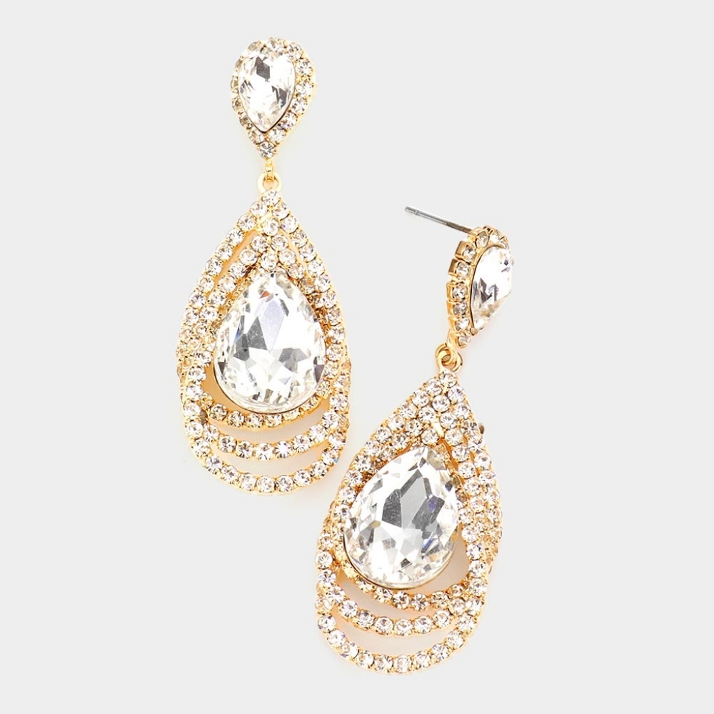 Gold Dangle Crystal Teardrop Earrings 2.2" Rhinestone Evening Statement Jewelry